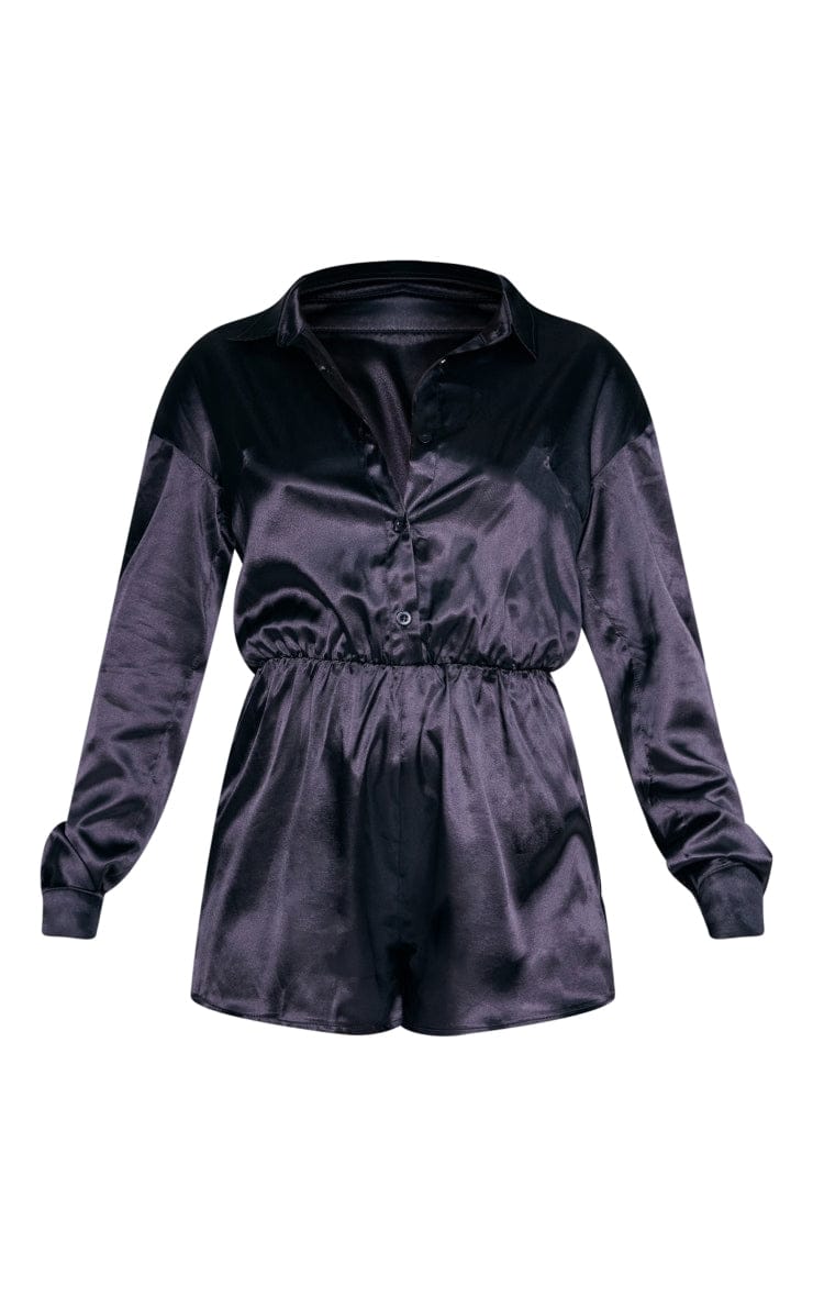 Black Satin Shirt Playsuit - HCWP 