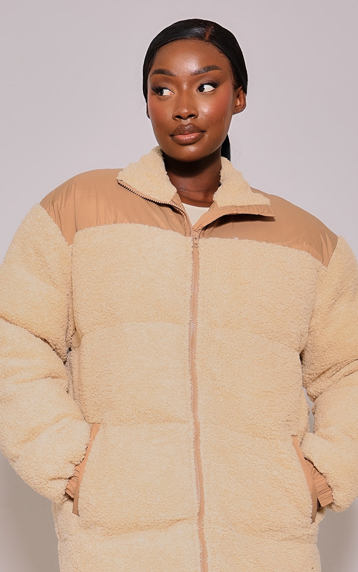 Plus Beige Contrast Borg Maxi Puffer Coat - HCWP 