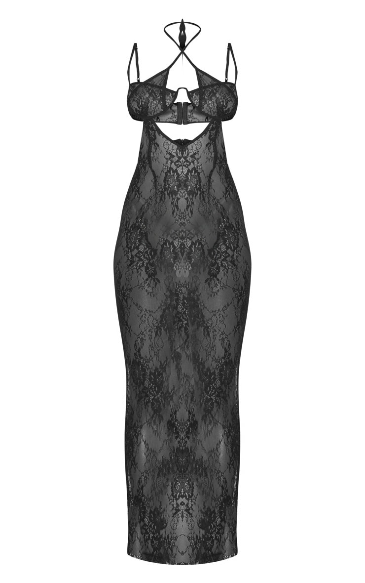 Black Sheer Contrast Lace Cut Out Detail Maxi Dress - HCWP 