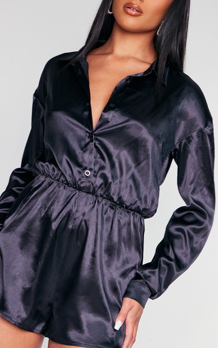 Black Satin Shirt Playsuit - HCWP 