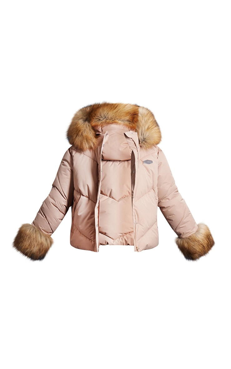 Beige Tipped Faux Fur Trim Quilted Puffer Coat - HCWP 