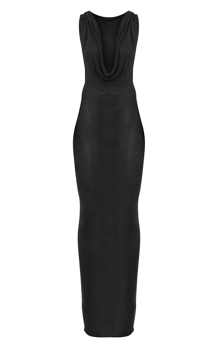 Black Sheer Knit Cowl Hooded Maxi Dress - HCWP 