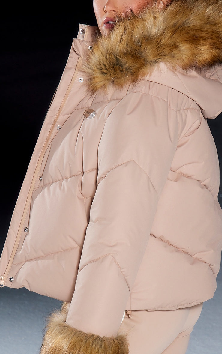 Beige Tipped Faux Fur Trim Quilted Puffer Coat - HCWP 