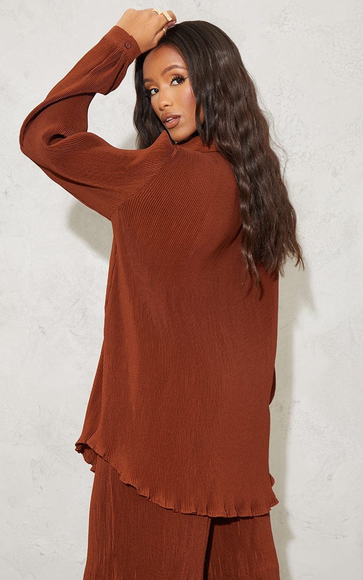 Petite Chocolate Plisse Oversized Cuff Detail Shirt - HCWP 