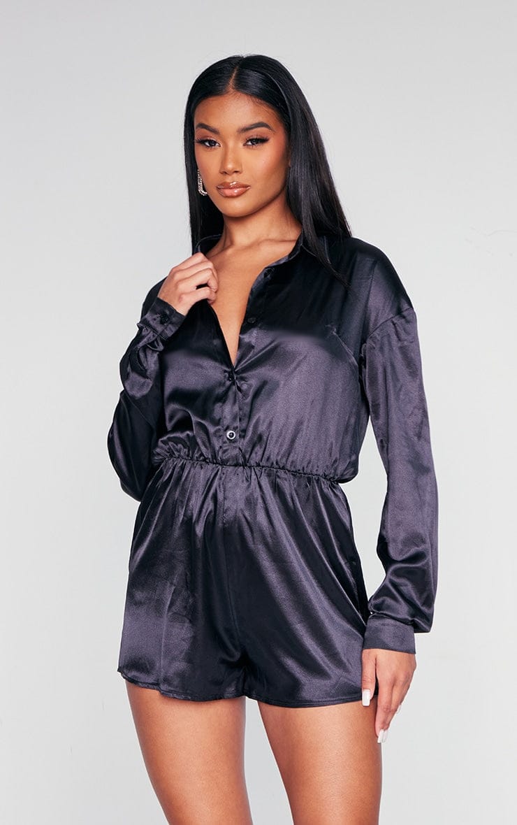 Black Satin Shirt Playsuit - HCWP 