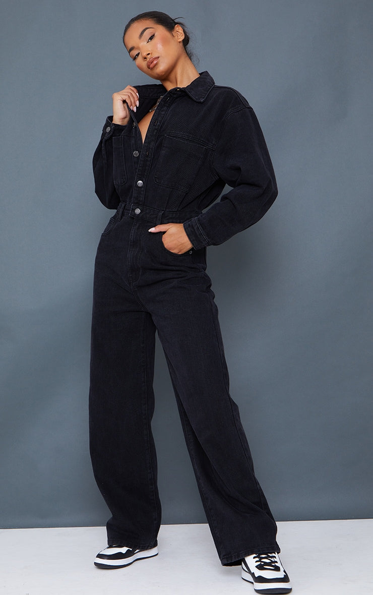 Washed Black Oversized Denim Boilersuit - HCWP 