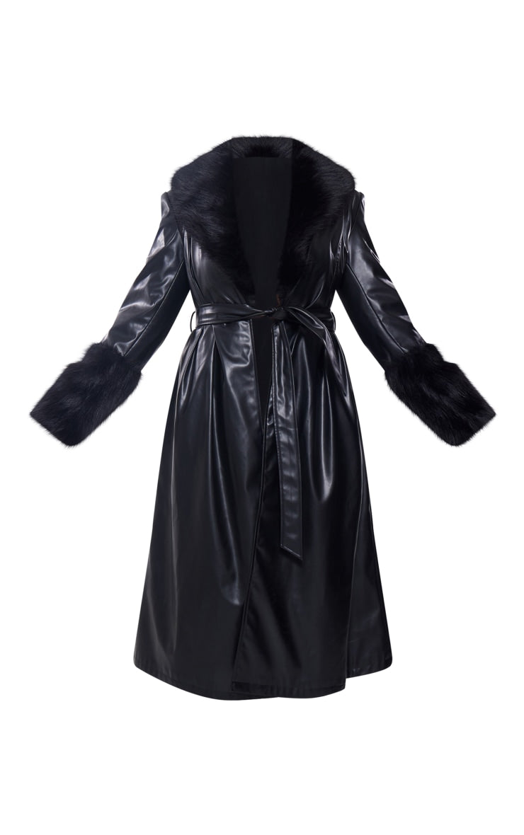 Plus Black Premium Faux Fur Trim Faux Leather Belted Trench - HCWP 