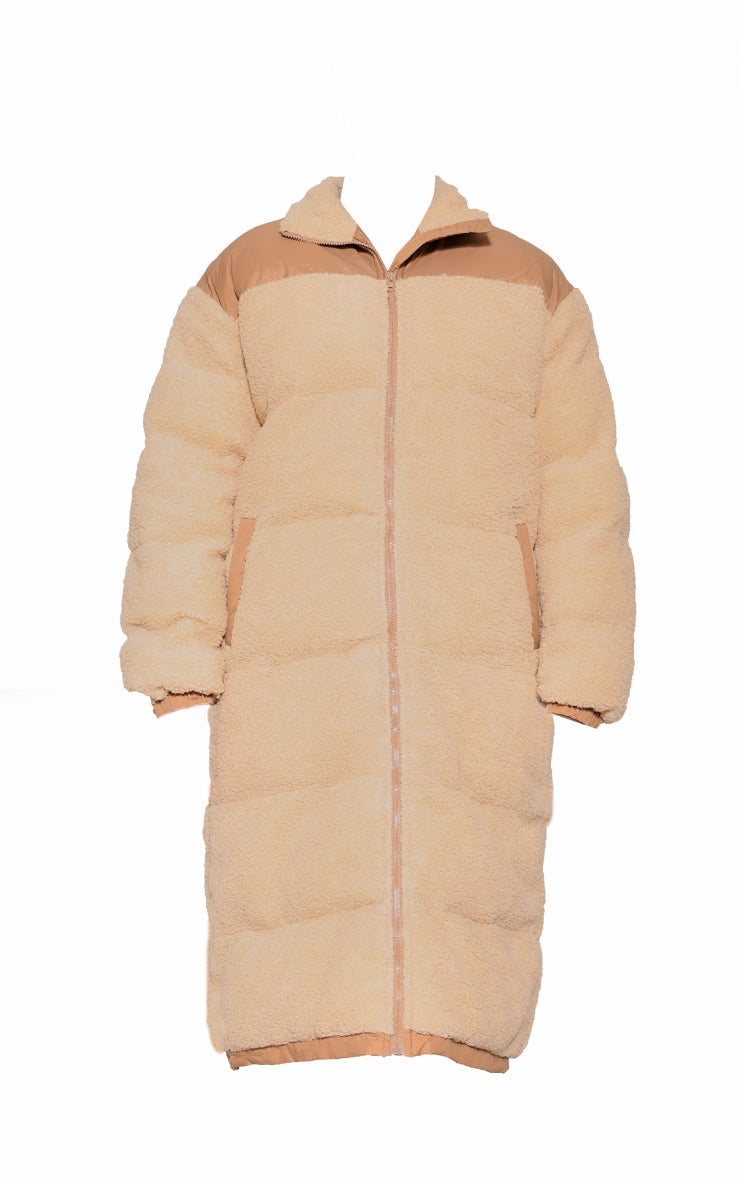 Plus Beige Contrast Borg Maxi Puffer Coat - HCWP 