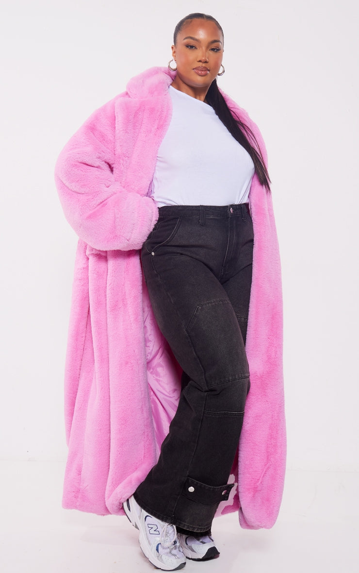 Plus Candy Pink Faux Fur Maxi Coat - HCWP 