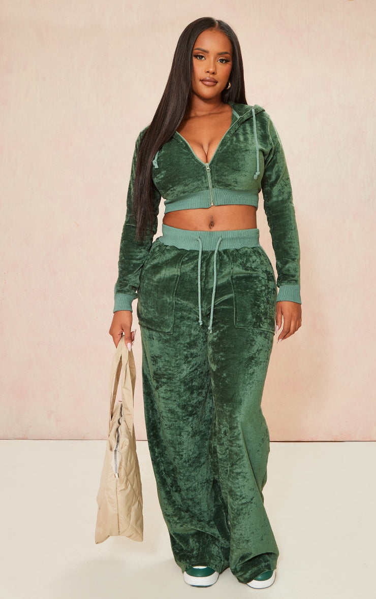 Shape Dark Green Velour Wide Leg Trousers - HCWP 