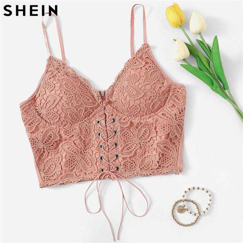 SHEIN Pink Eyelet Lace Up Zipper Back Stretchy Sexy Crop Top Surplice Wrap Solid Slim Fit Short Cami Top 2019 Women Crop Top