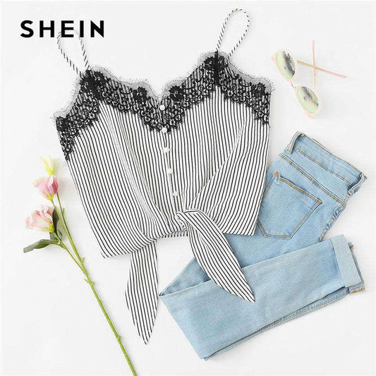 SHEIN Spitze Knoten Vorn Gestreiften Cami Top Frauen Neue Asymmetrische Spaghetti Strap Taste Crop-weste 2018 Sommer Sexy Weste