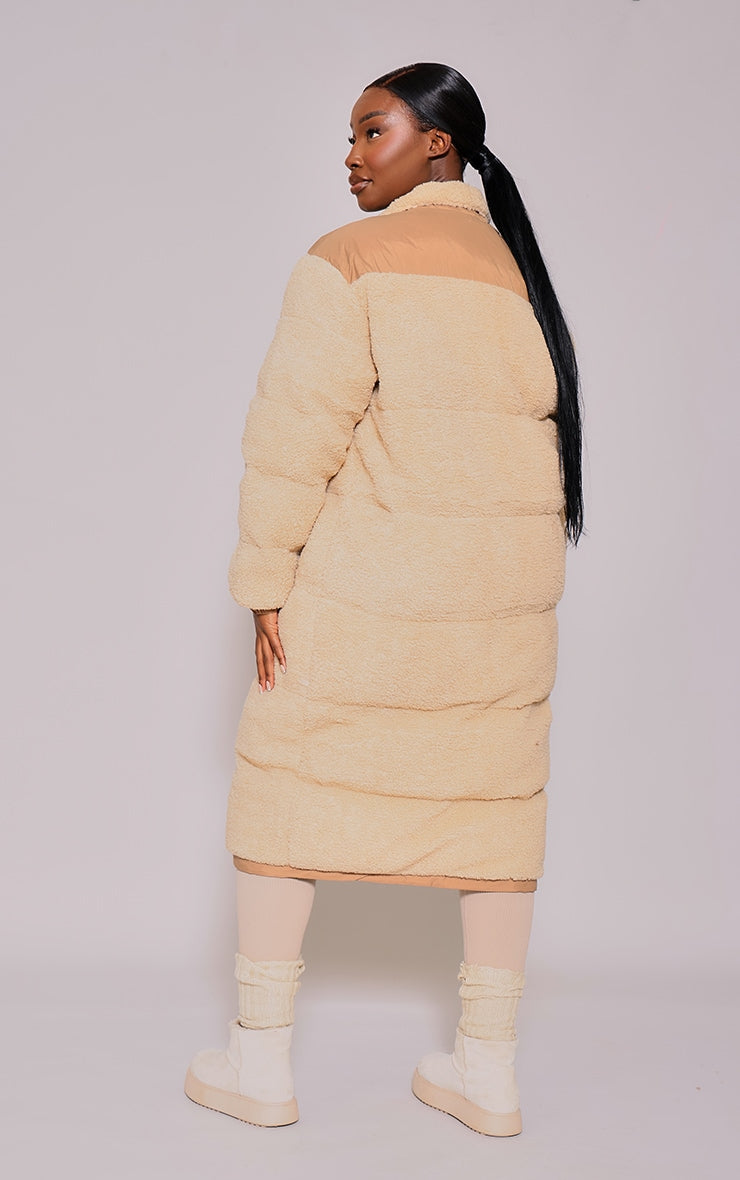 Plus Beige Contrast Borg Maxi Puffer Coat - HCWP 