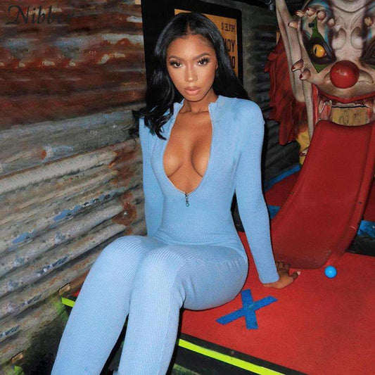 Blue V-neck stretch Slim jumpsuits