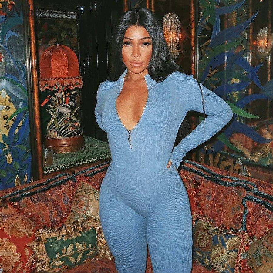 Blue V-neck stretch Slim jumpsuits