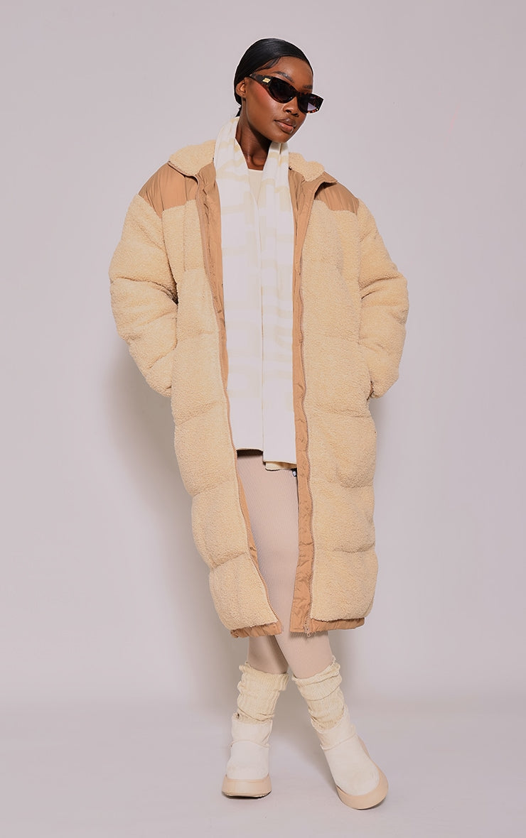 Plus Beige Contrast Borg Maxi Puffer Coat - HCWP 