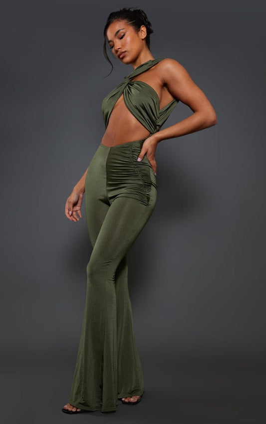 Moss Khaki Cross Strap Ruched Detail Flared Slinky Jumpsuit - HCWP 