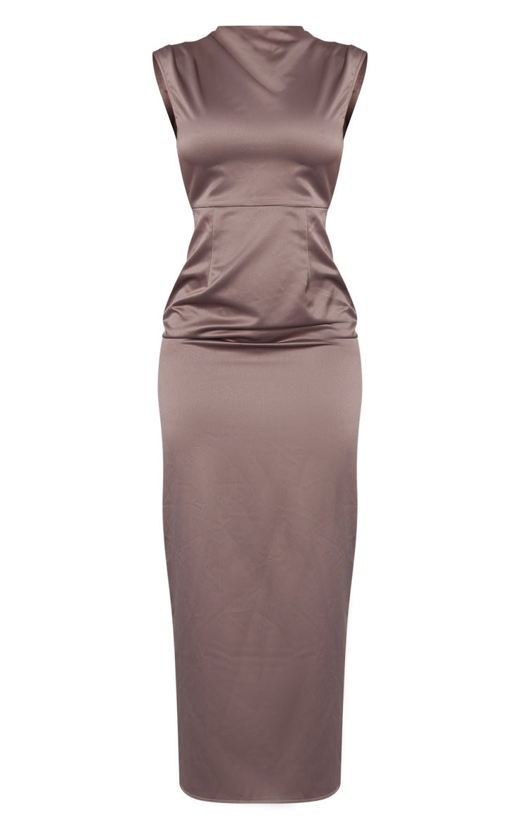 Taupe Satin Cut Out Back Ruched Bum Midaxi Dress - HCWP 