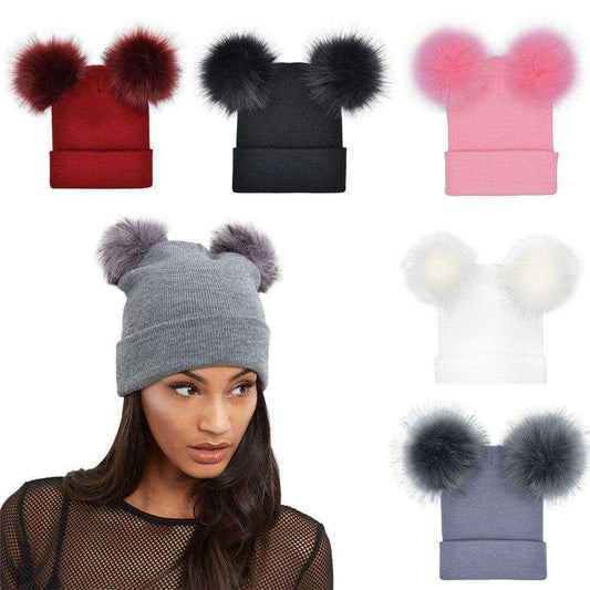 Doppel Faux Pelz Pom Pom Beanie