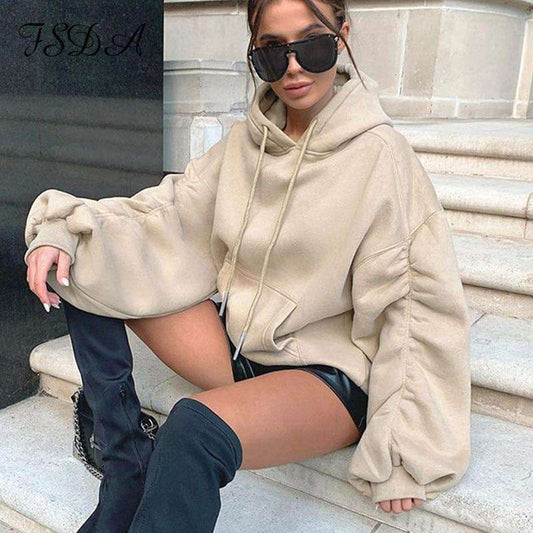 Khaki Long Puff Sleeve Hoodie