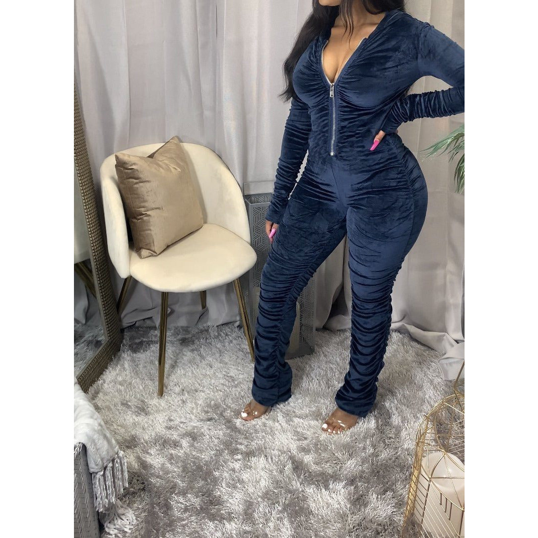 Velvet Ruched Bodycon Hoodies Jumpsuit