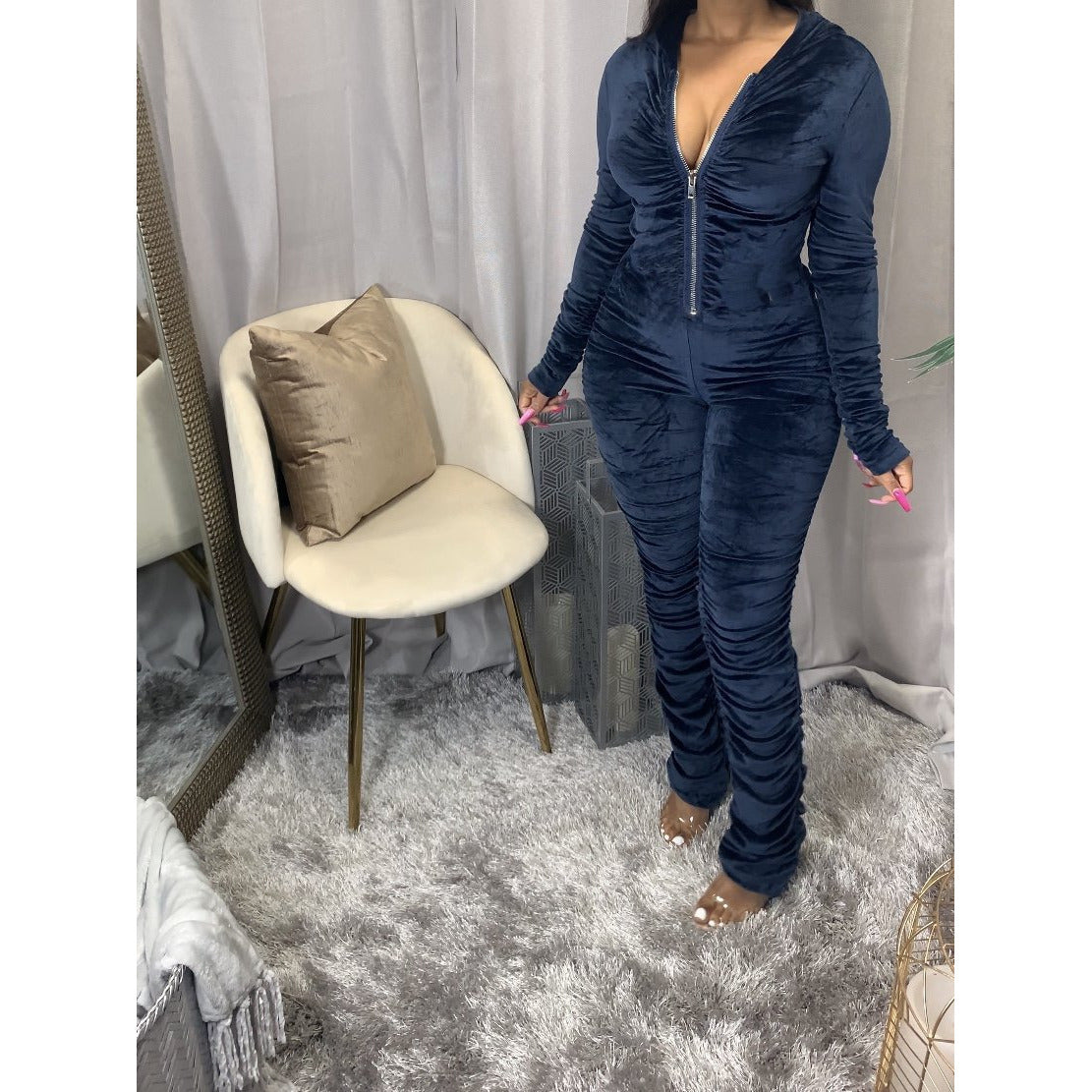 Velvet Ruched Bodycon Hoodies Jumpsuit