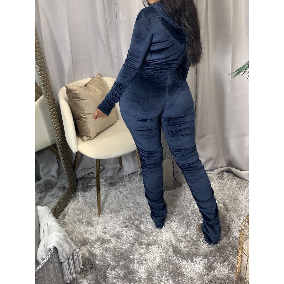 Velvet Ruched Bodycon Hoodies Jumpsuit