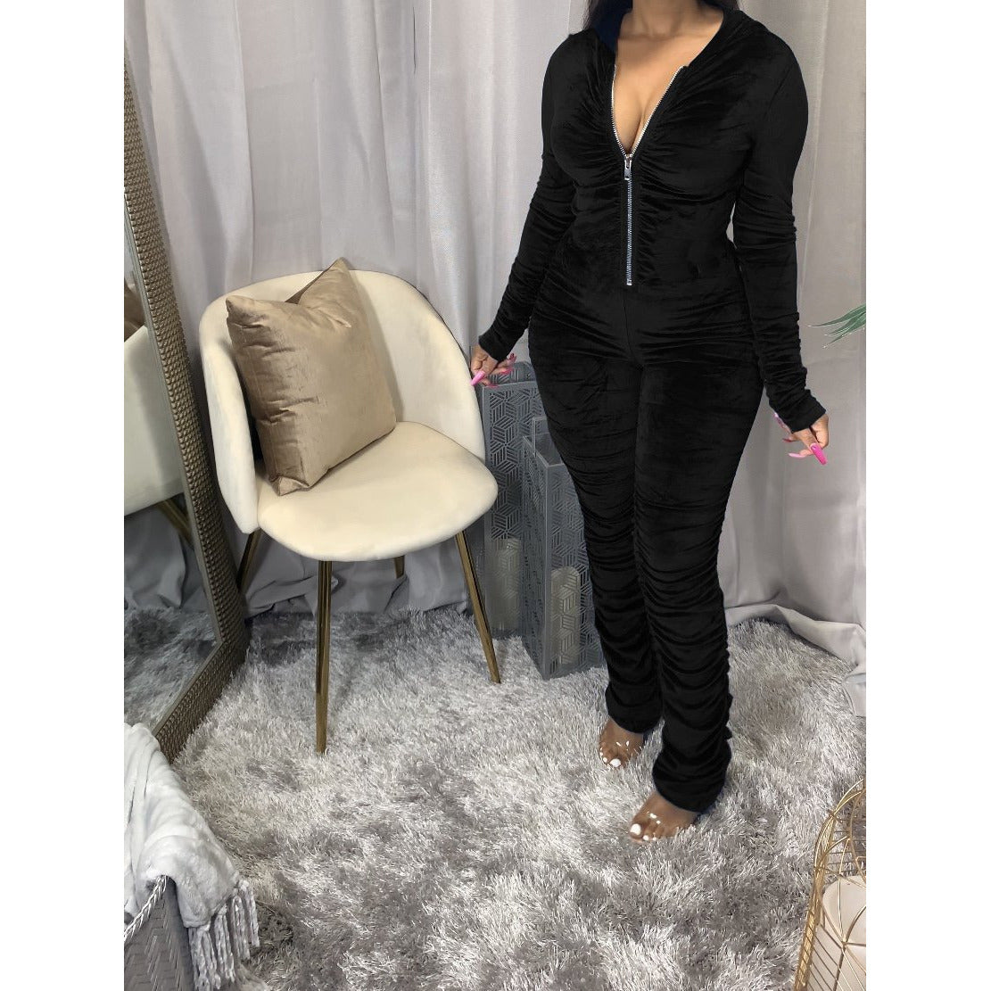 Velvet Ruched Bodycon Hoodies Jumpsuit