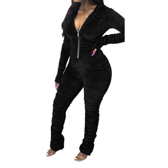 Velvet Ruched Bodycon Hoodies Jumpsuit