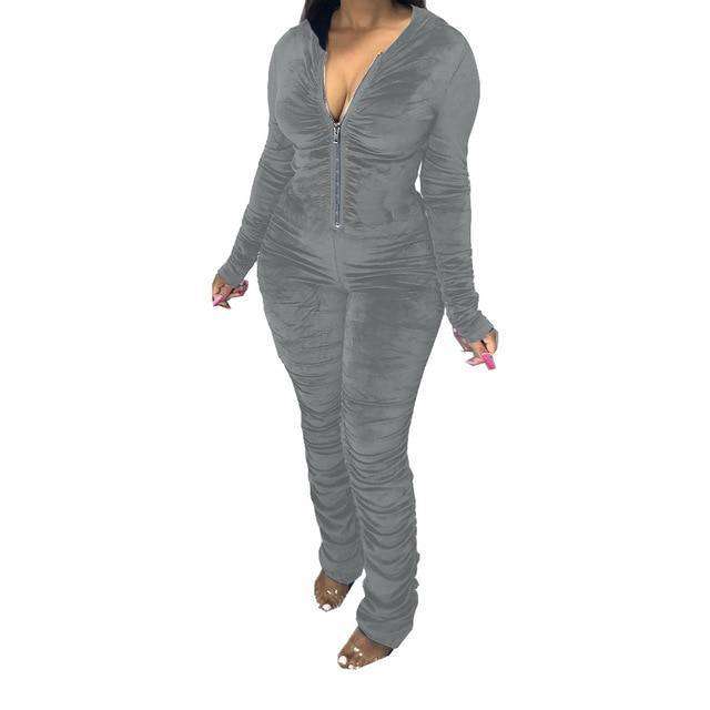 Velvet Ruched Bodycon Hoodies Jumpsuit