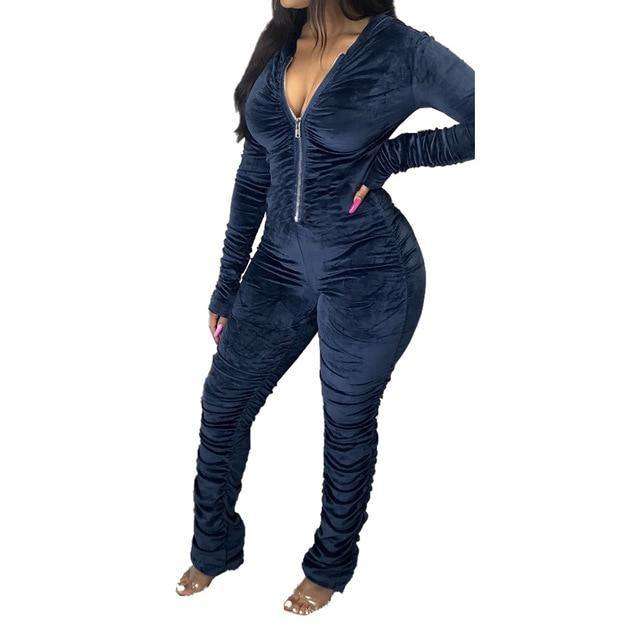 Velvet Ruched Bodycon Hoodies Jumpsuit