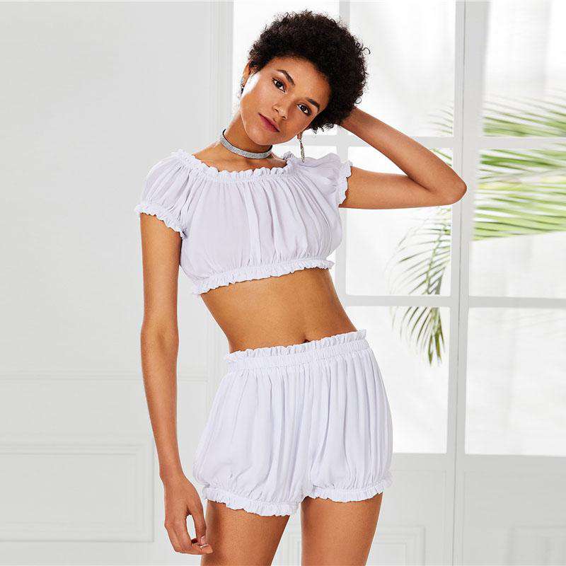 SHEIN White Frilled Crop Crinkle Top & Shorts Set