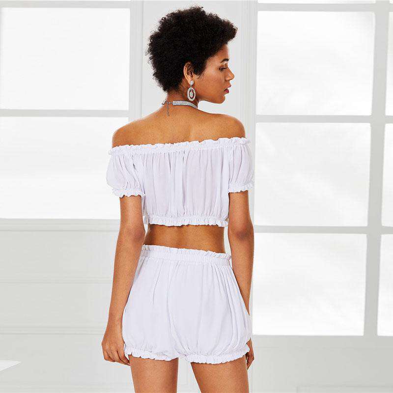 SHEIN White Frilled Crop Crinkle Top & Shorts Set