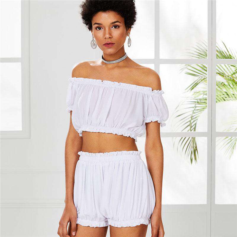 SHEIN White Frilled Crop Crinkle Top & Shorts Set