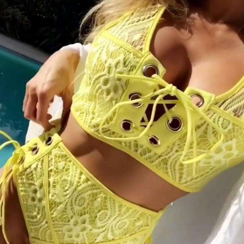 Yellow Lace High Waist Bikini